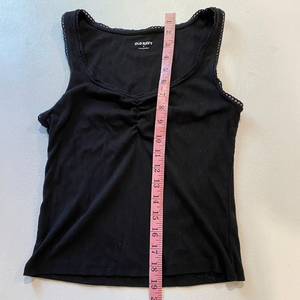 Old Navy Black Ribbed Tank Top Medium Lace Trim Ruched Front Y2K Basic - Picture 6 of 6